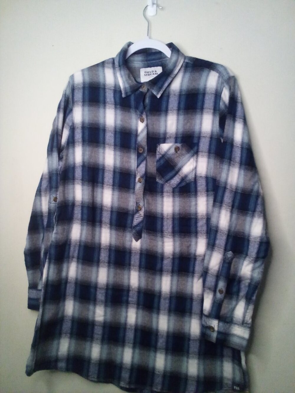 Field & Stream Shirt Tunic Women L Long Sleeve Half Button Plaid Blue